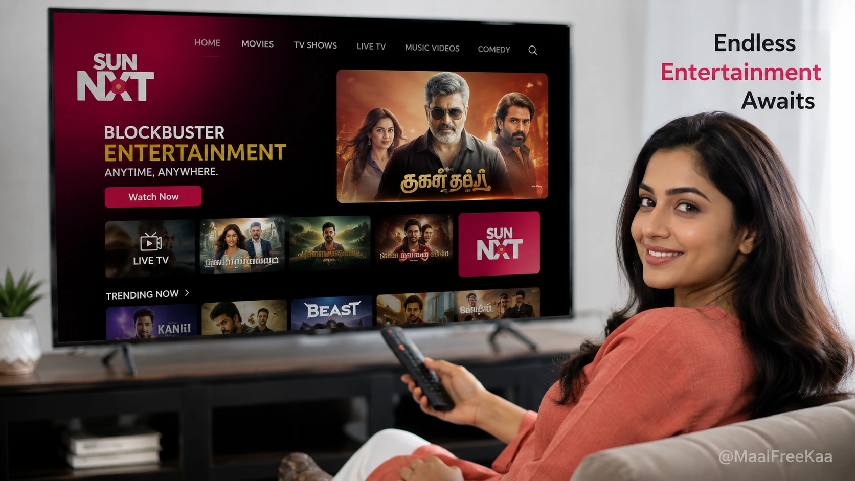 Young woman holding smartphone displaying Sun NXT app with TV in background showing official subscription plans and bundled offer tricks