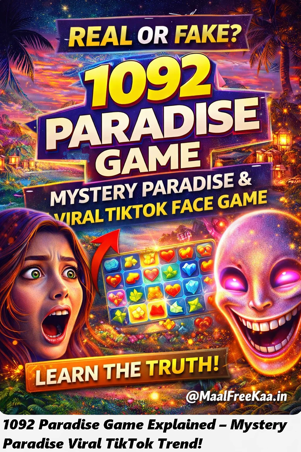 1092 Paradise Game banner showing Mystery Paradise puzzle game and viral TikTok face game visuals