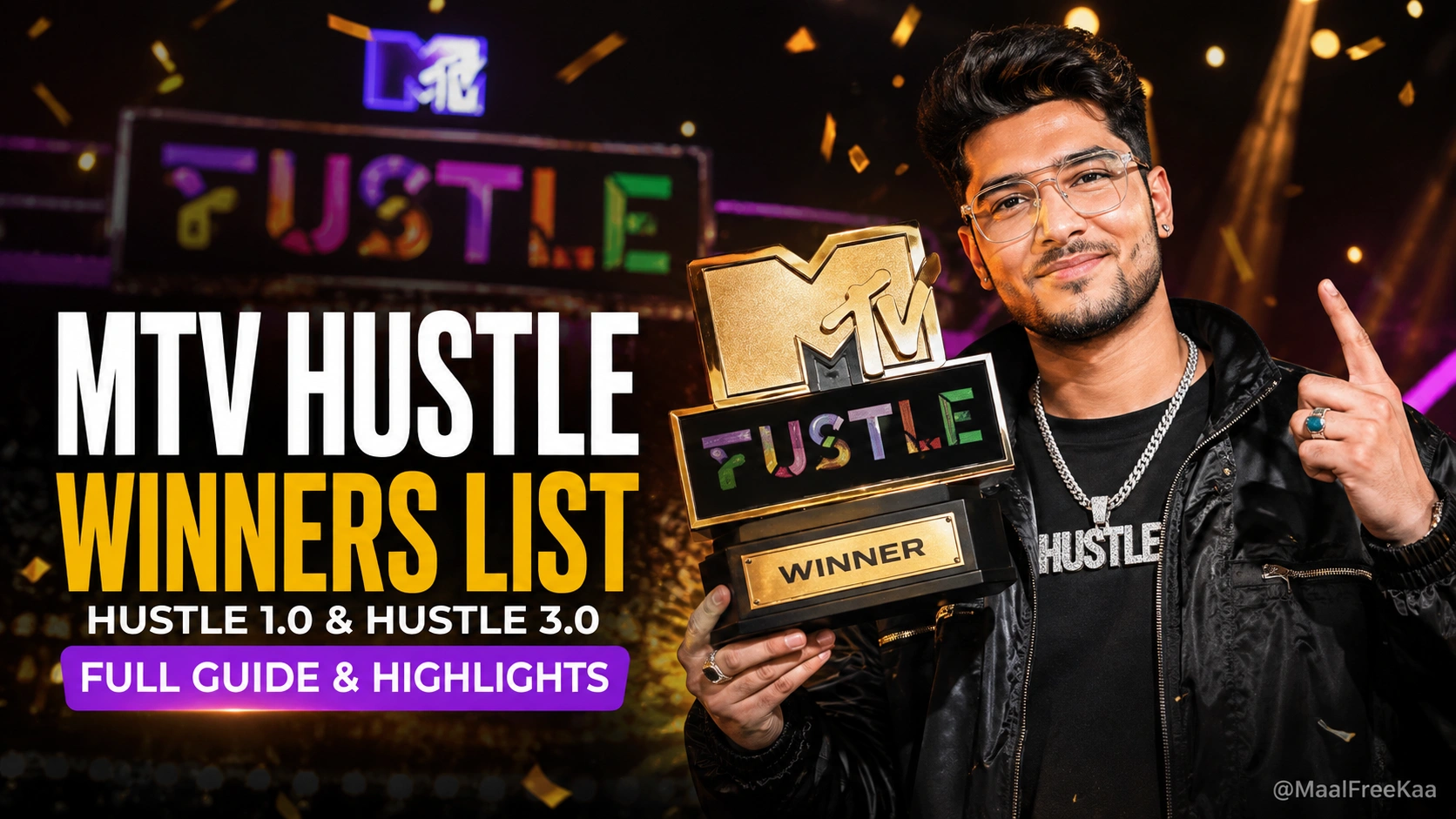 MTV Hustle Season 3 winner Uday Pandhi holding the trophy alongside judges