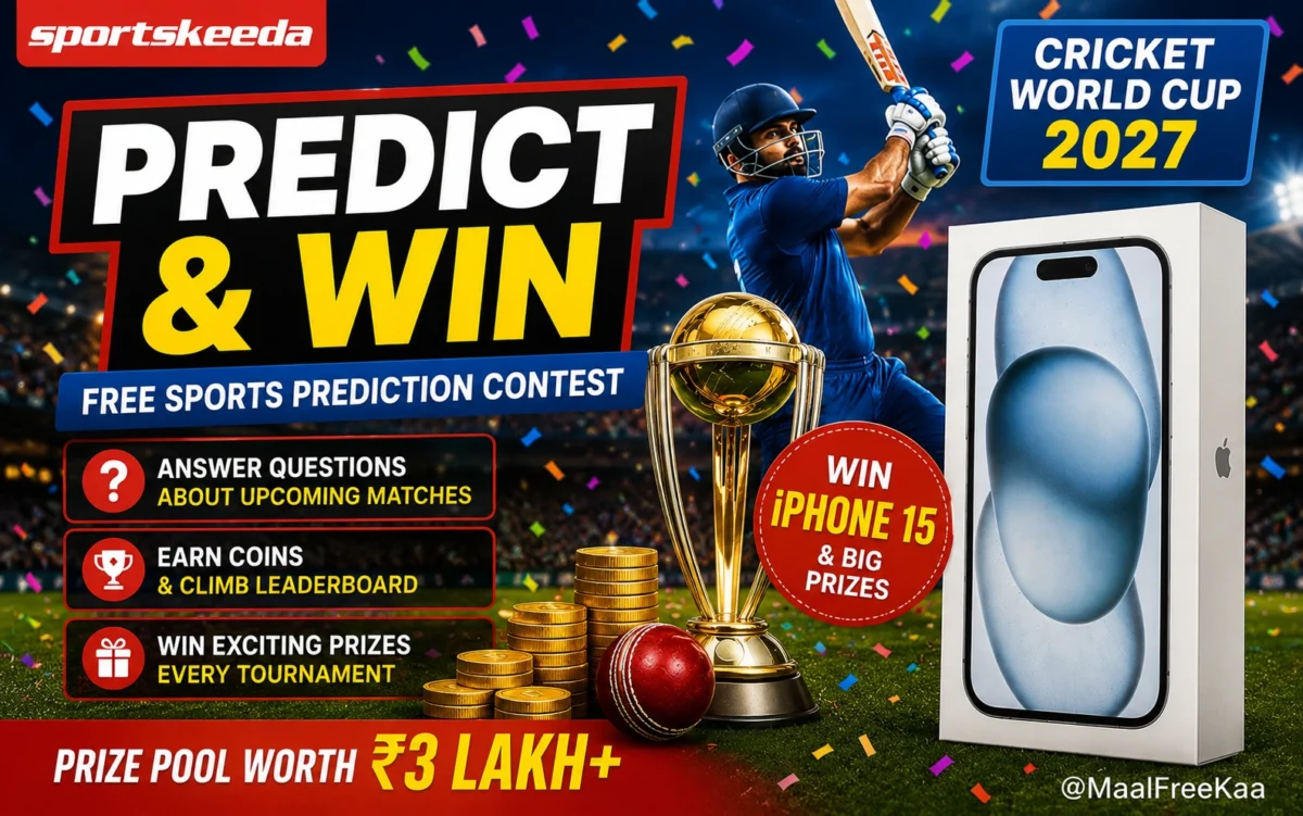Sportskeeda Predict and Win cricket contest featuring Apple iPhone 15 prize, cricket trophy, stadium, and ₹3 lakh prize pool during the Cricket World Cup.