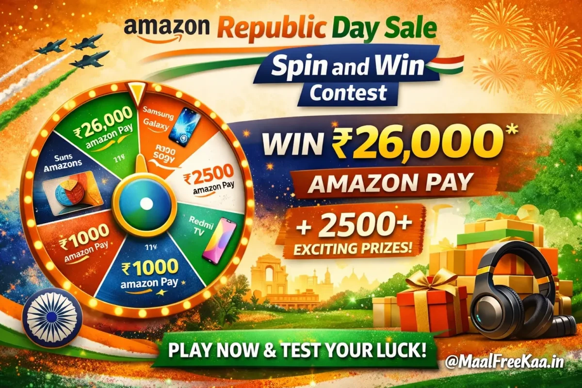 Amazon Republic Day Sale Spin and Win banner showing lucky wheel, ₹26,000 Amazon Pay prize and Funzone contest