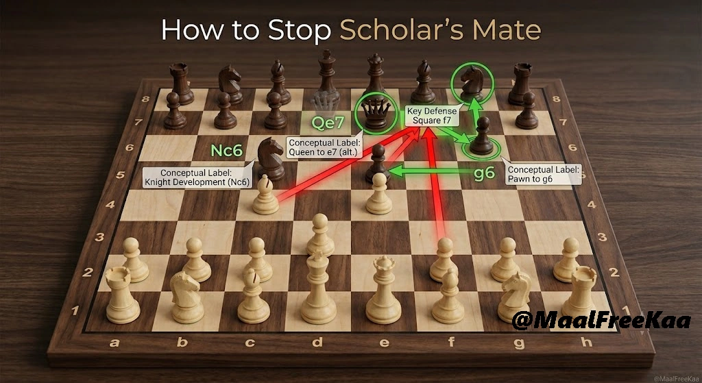 3D chessboard diagram illustrating defensive countermoves g6, Qe7, and Nc6 against Scholar's Mate with green defensive arrows and red attack lines.