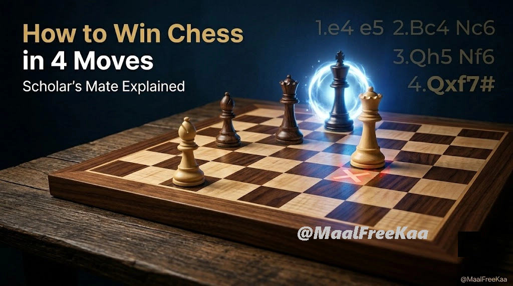 3D illustration explaining Scholar's Mate in chess showing a white queen delivering checkmate on f7 with a glowing blue effect, featuring the title How to Win Chess in 4 Moves