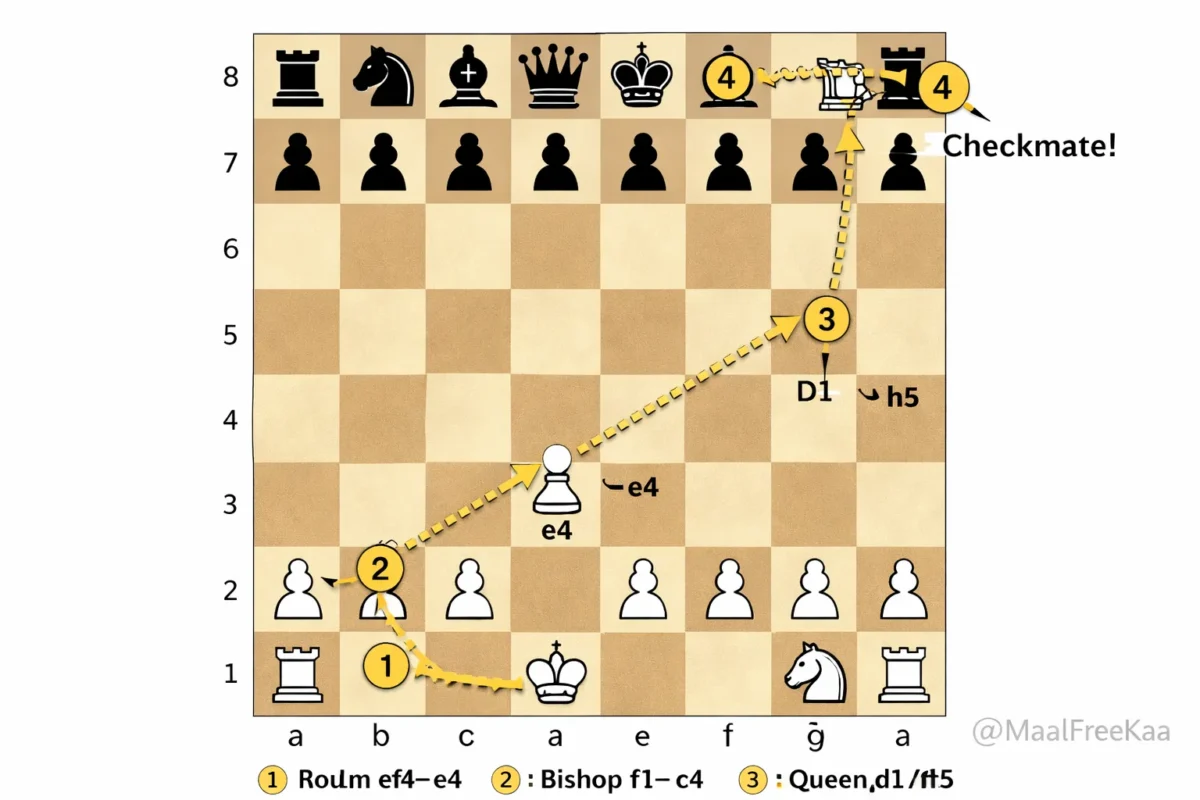Step-by-step diagram showing how to win chess in 4 moves with numbered moves 1-4 for Scholar's Mate checkmate pattern