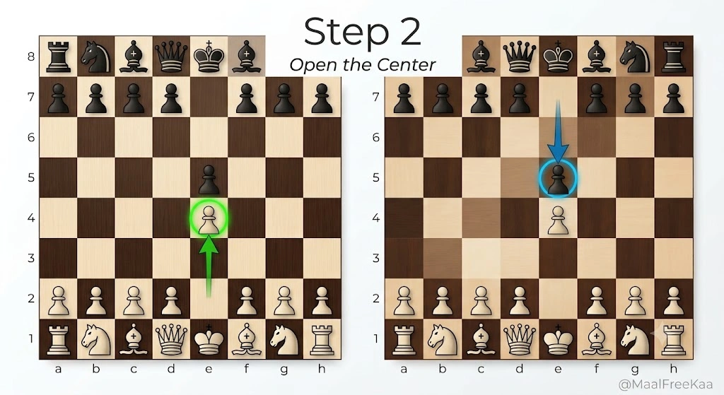 Top-down chessboard diagram showing initial king's pawn moves 1.e4 for white and 1.e5 for black highlighted with green and blue directional arrows.