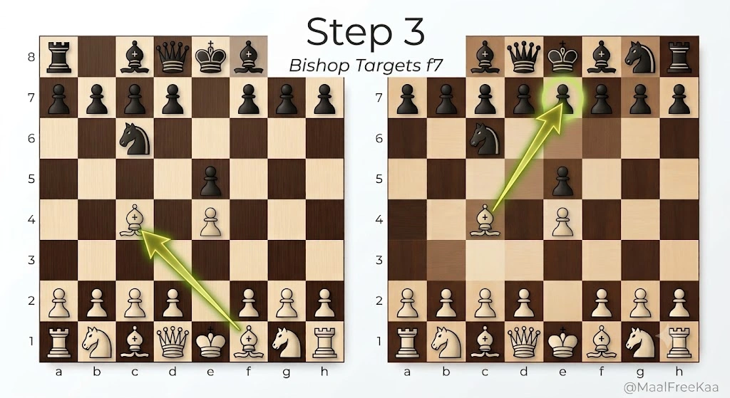 Chessboard diagram showing White's bishop developing to c4 with a glowing arrow pointing toward Black's vulnerable f7 pawn