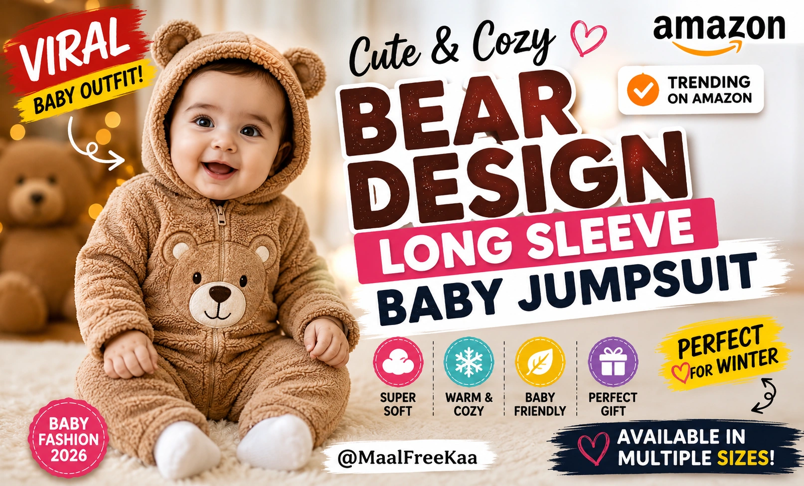 TheSparkShop bear design long sleeve baby jumpsuit — soft cotton romper for newborns, available on Amazon India