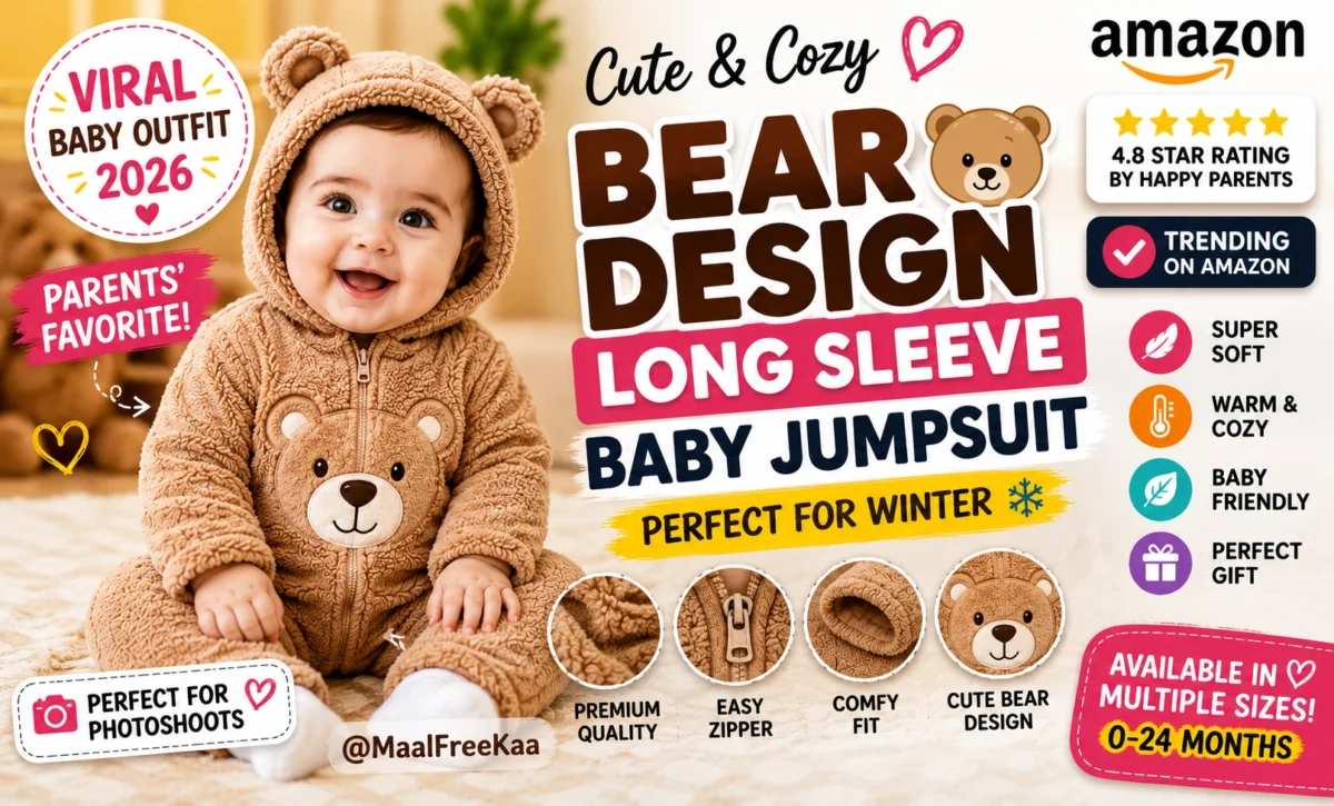 TheSparkShop bear design long sleeve baby jumpsuit — soft cotton romper for newborns, available on Amazon India