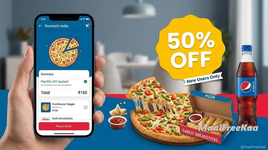 Domino's First Order Coupon India – New users can get up to 50% discount on eligible first app orders.