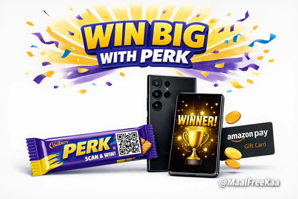 Cadbury Perk scan and win contest 2025 showing Samsung S25 Ultra grand prize with QR code and Amazon Pay gift card