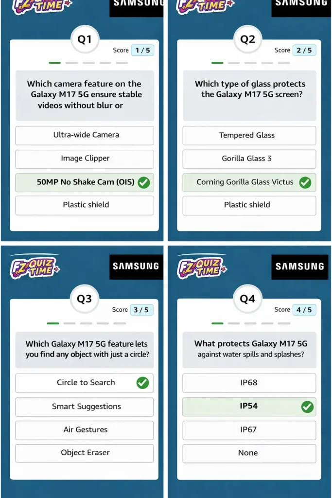 Amazon app quiz showing which camera feature on the Galaxy M17 5G ensures stable videos without blur or shake