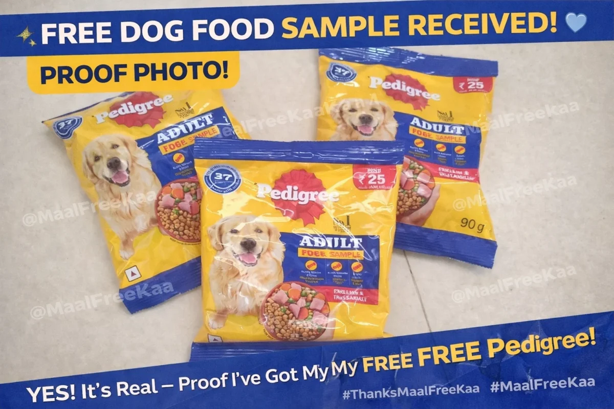 Pedigree dog food free sample received at home in India – real proof image