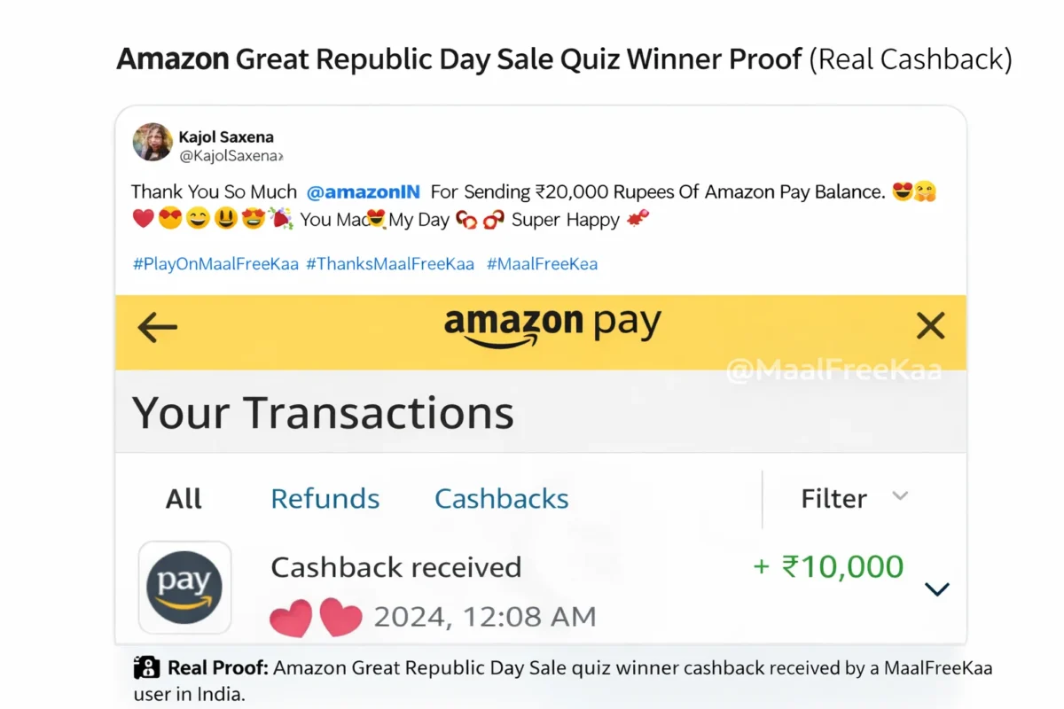 Amazon Great Republic Day Sale quiz winner proof showing cashback received in India from MaalFreekaa