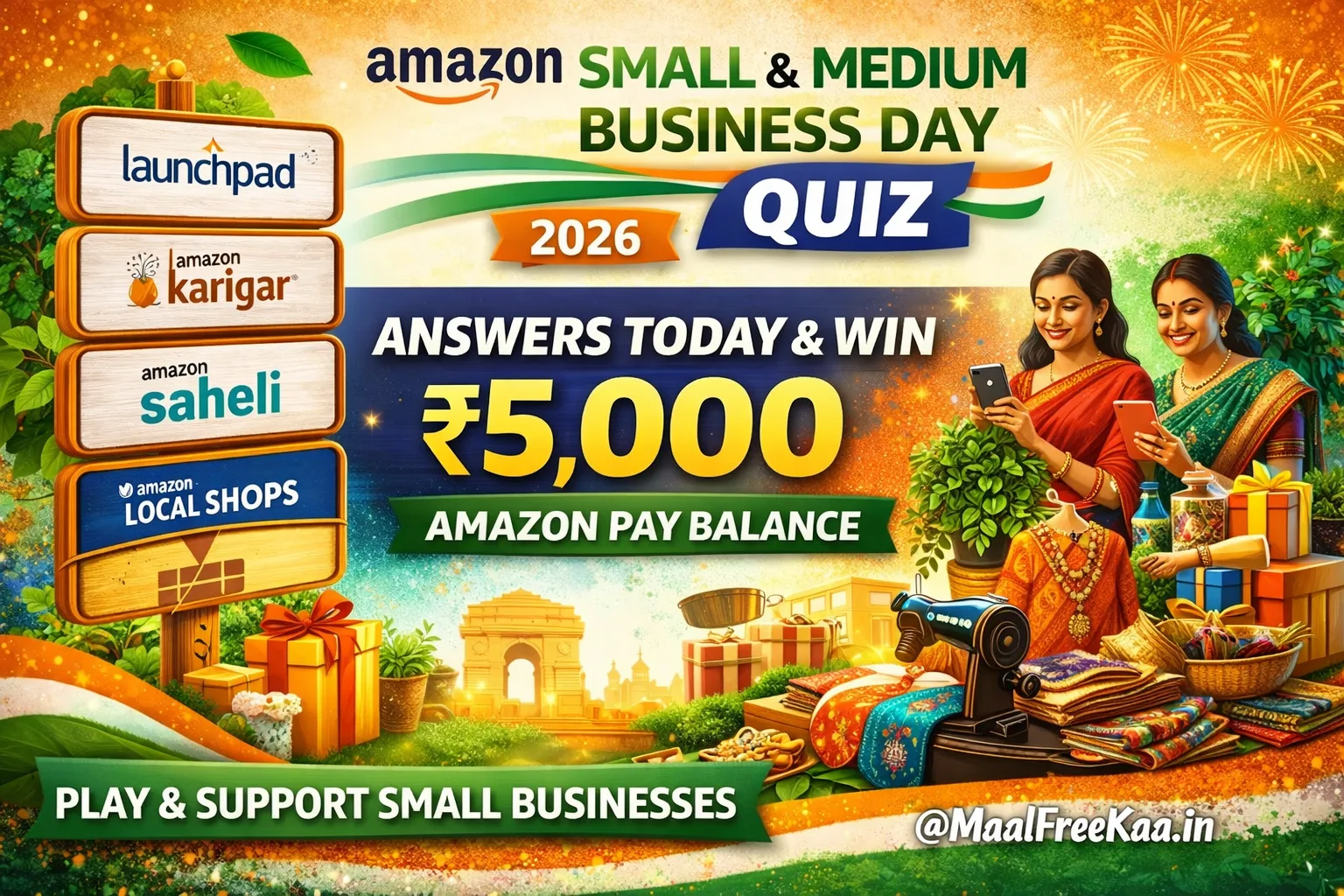 Amazon Small & Medium Business Day Quiz banner showing ₹5,000 Amazon Pay reward and Funzone quiz