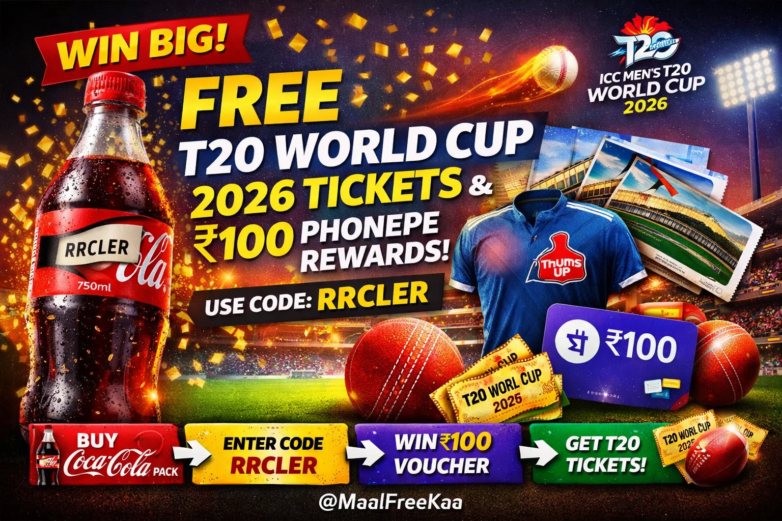 Coca-Cola T20 World Cup 2026 offer showing free match tickets and ₹100 PhonePe rewards
