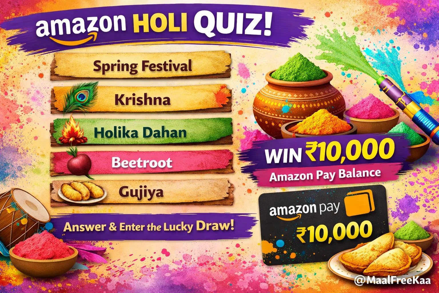 Amazon Holi Quiz banner showing ₹10000 Amazon Pay Balance prize