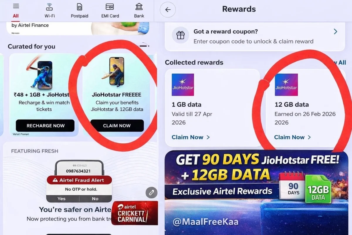 Airtel Thanks app free JioHotstar 90 days offer with 12GB data reward screenshot proof