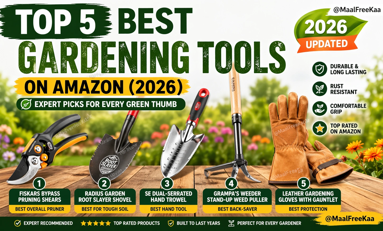 Best gardening tools on Amazon 2026 including pruning shears, shovel, trowel, weeder and gloves