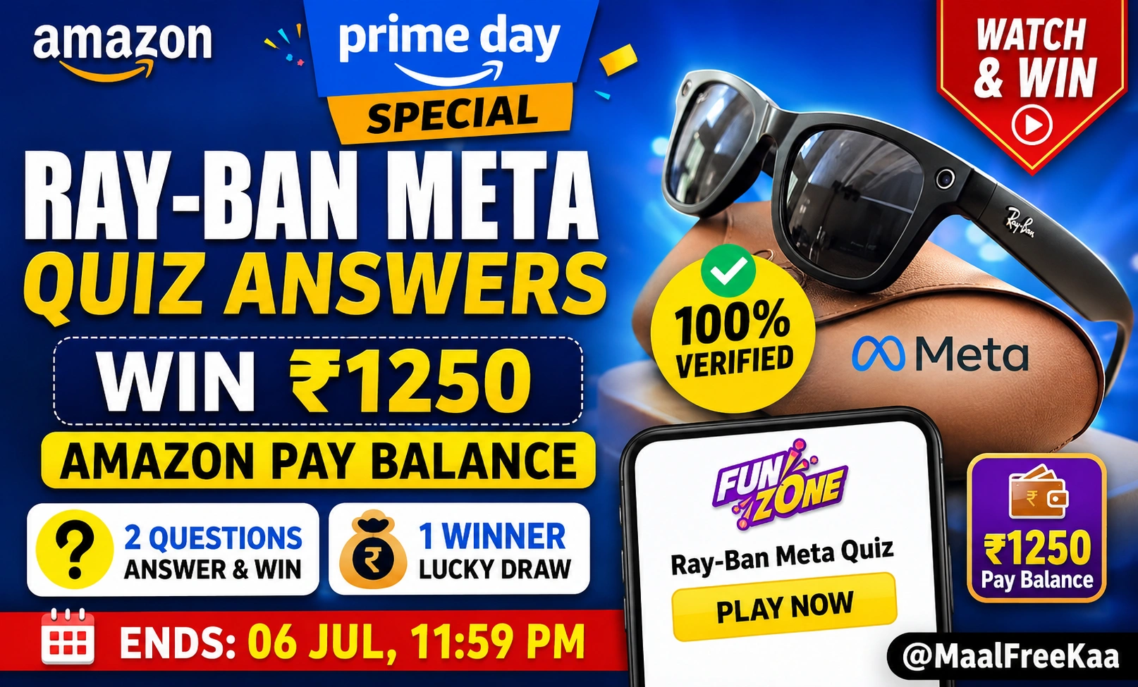 Amazon Prime Day Ray-Ban Meta Quiz answers showing the correct answers to win ₹1250 Amazon Pay Balance.