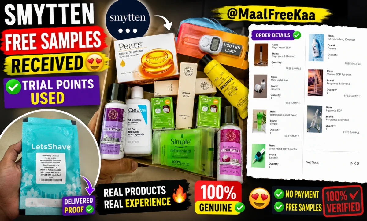 Smytten free samples received with order proof, trial points used, skincare, perfume and utility products delivered