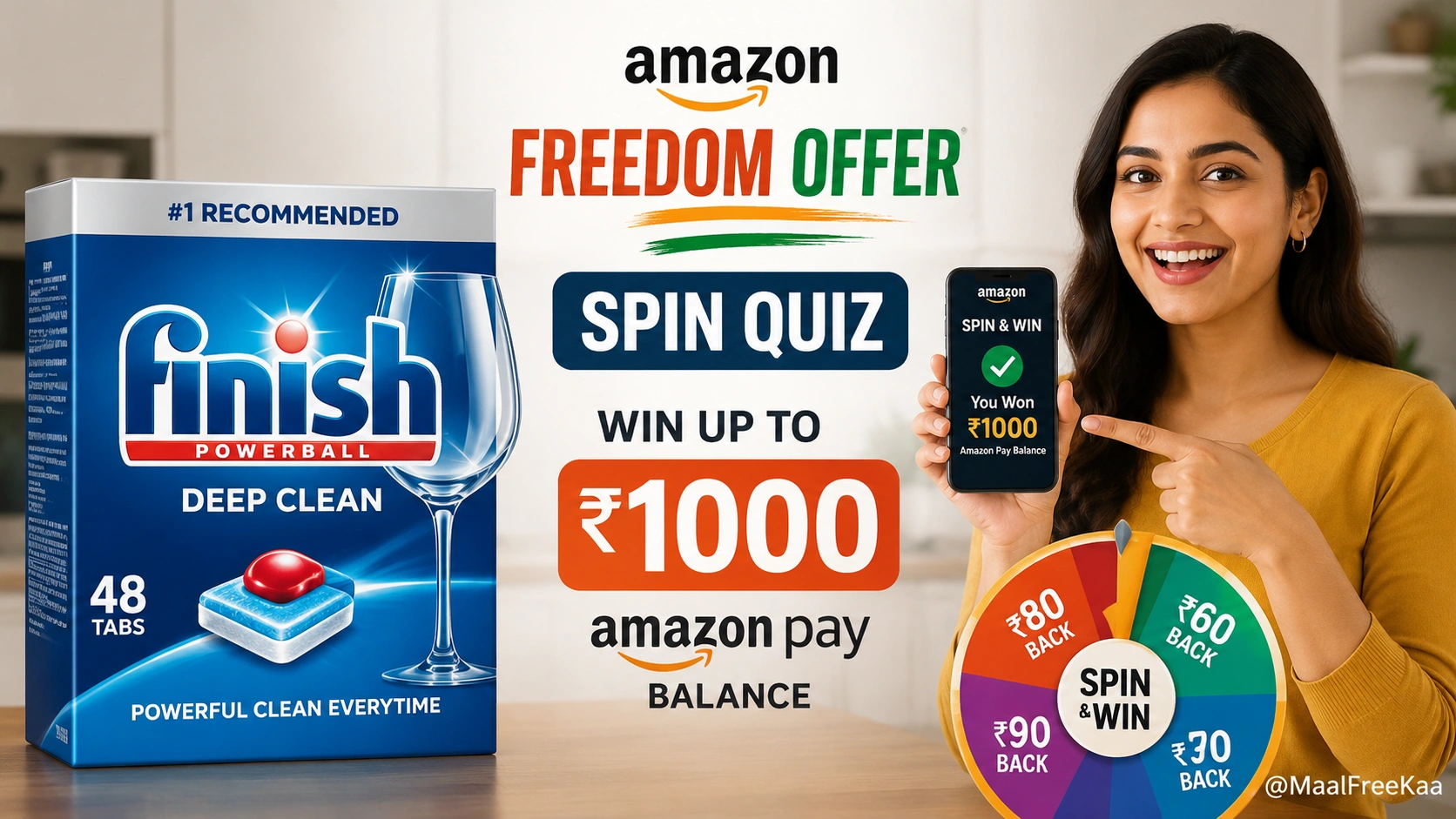 Amazon Freedom Offer Spin Quiz answer today Finish Detergent True win Amazon Pay Balance up to Rs 1000