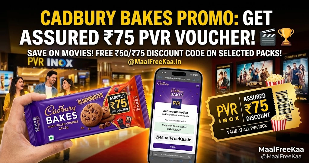 Cadbury Bakes Blockbuster campaign offering ₹50 and ₹75 PVR INOX discount vouchers on eligible Cadbury products.