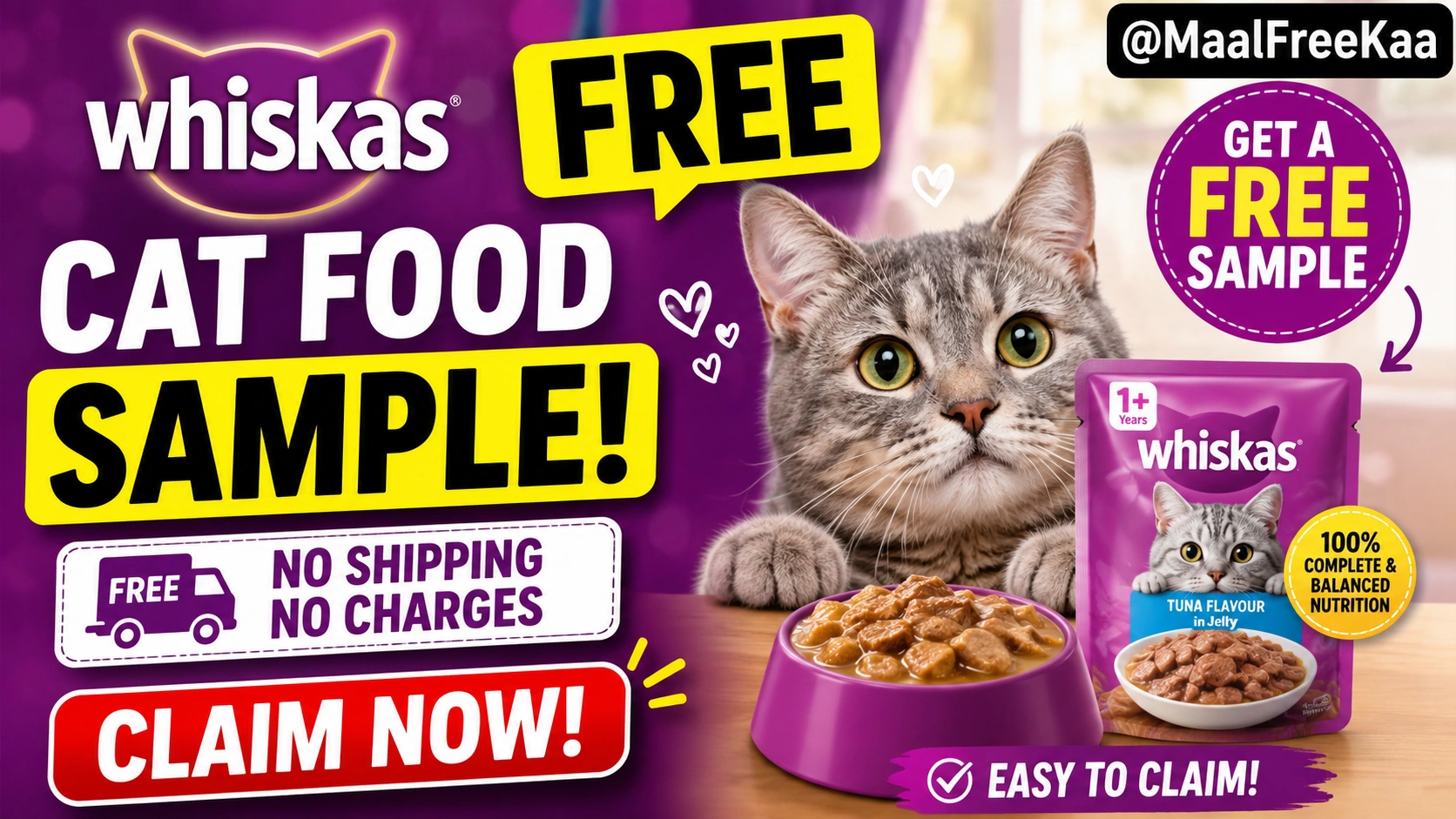 Free Whiskas Cat Food sample offer available on the official Whiskas India website.