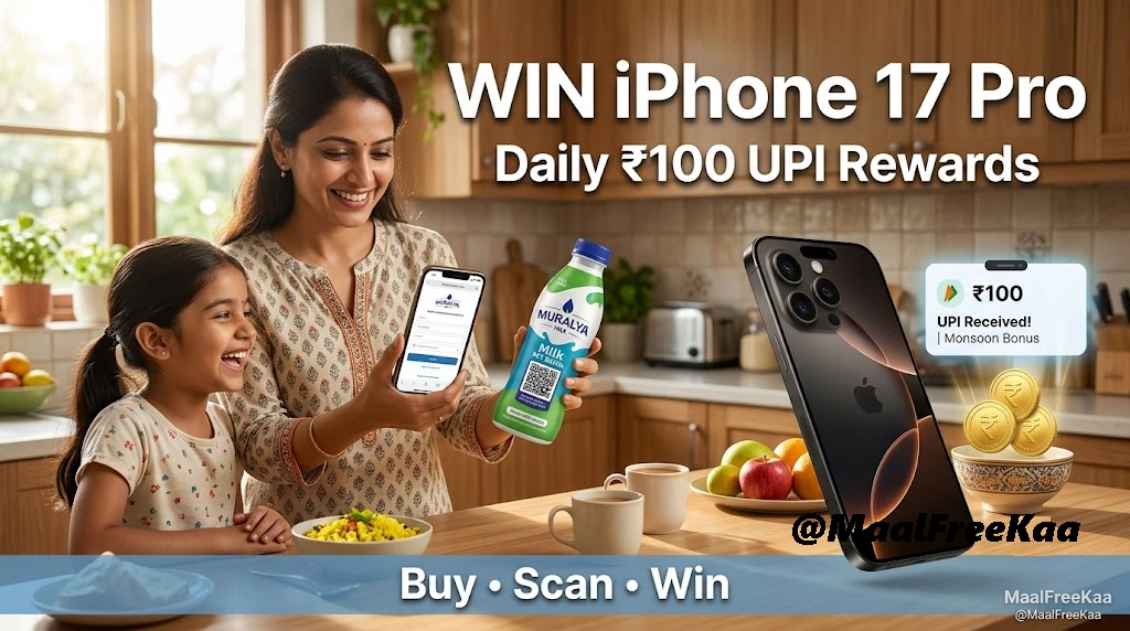 Muralya Milk Contest offering iPhone 17 Pro, gold coins, and daily UPI cash prizes through QR code participation