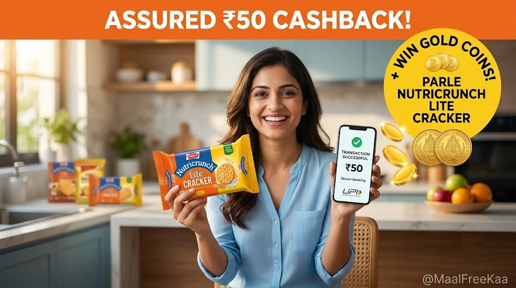 Parle Nutricrunch Lite Cracker promotional biscuit pack showing cashback and gold coin offer details.