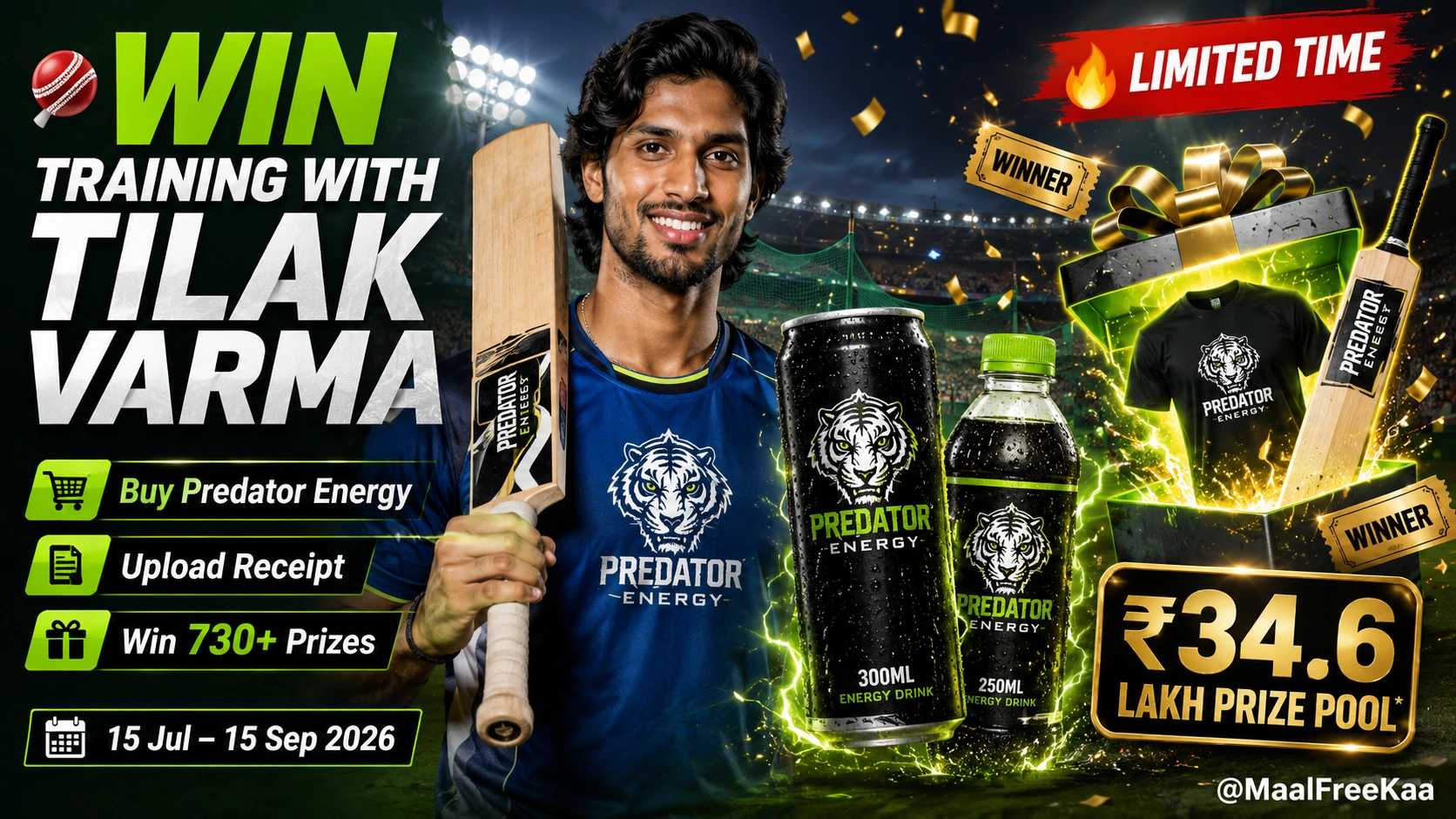 Predator Energy bottle with Tilak Varma contest banner on display