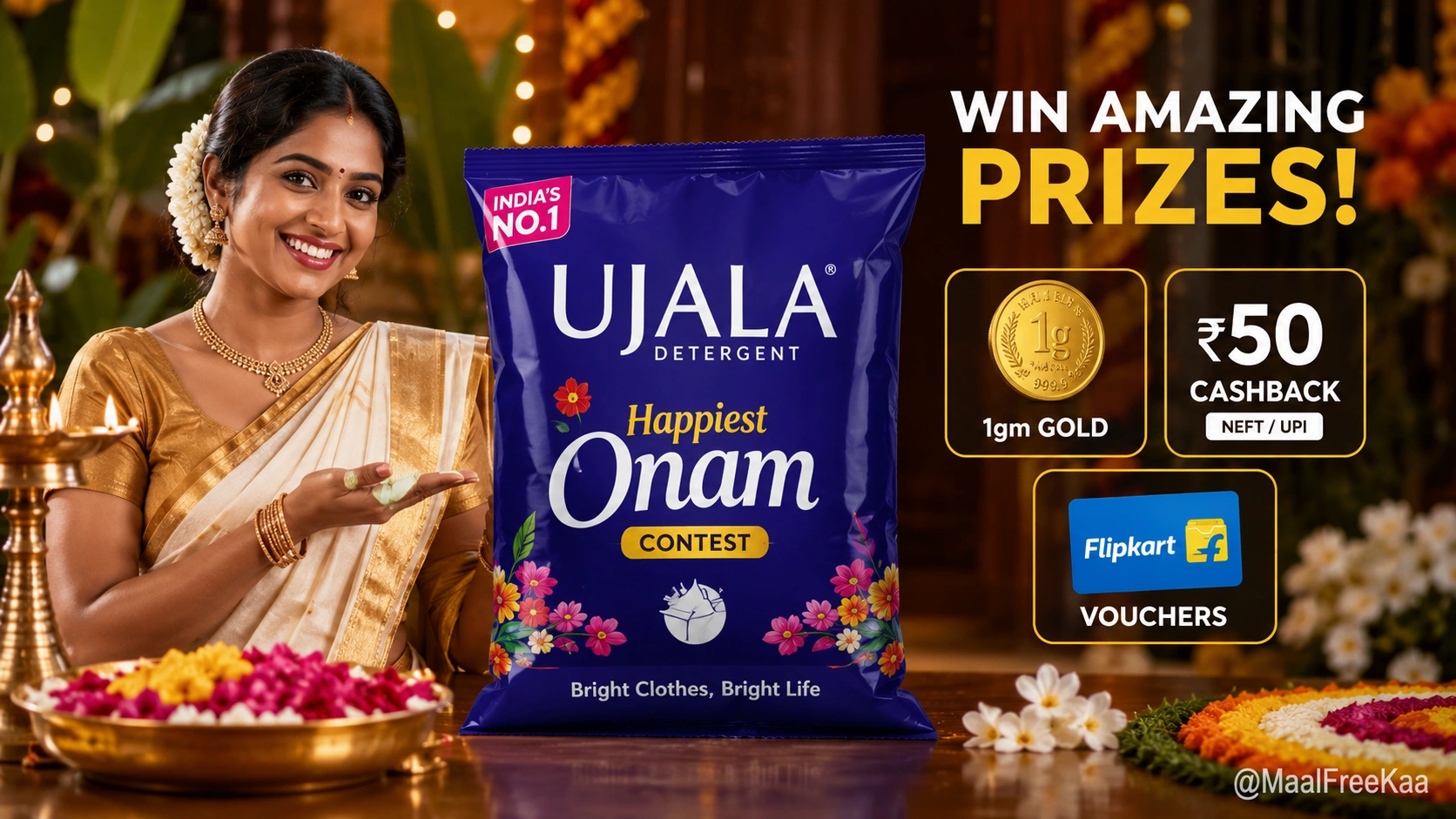 Ujala Happiest Onam contest promo pack with Spin and Win cashback details