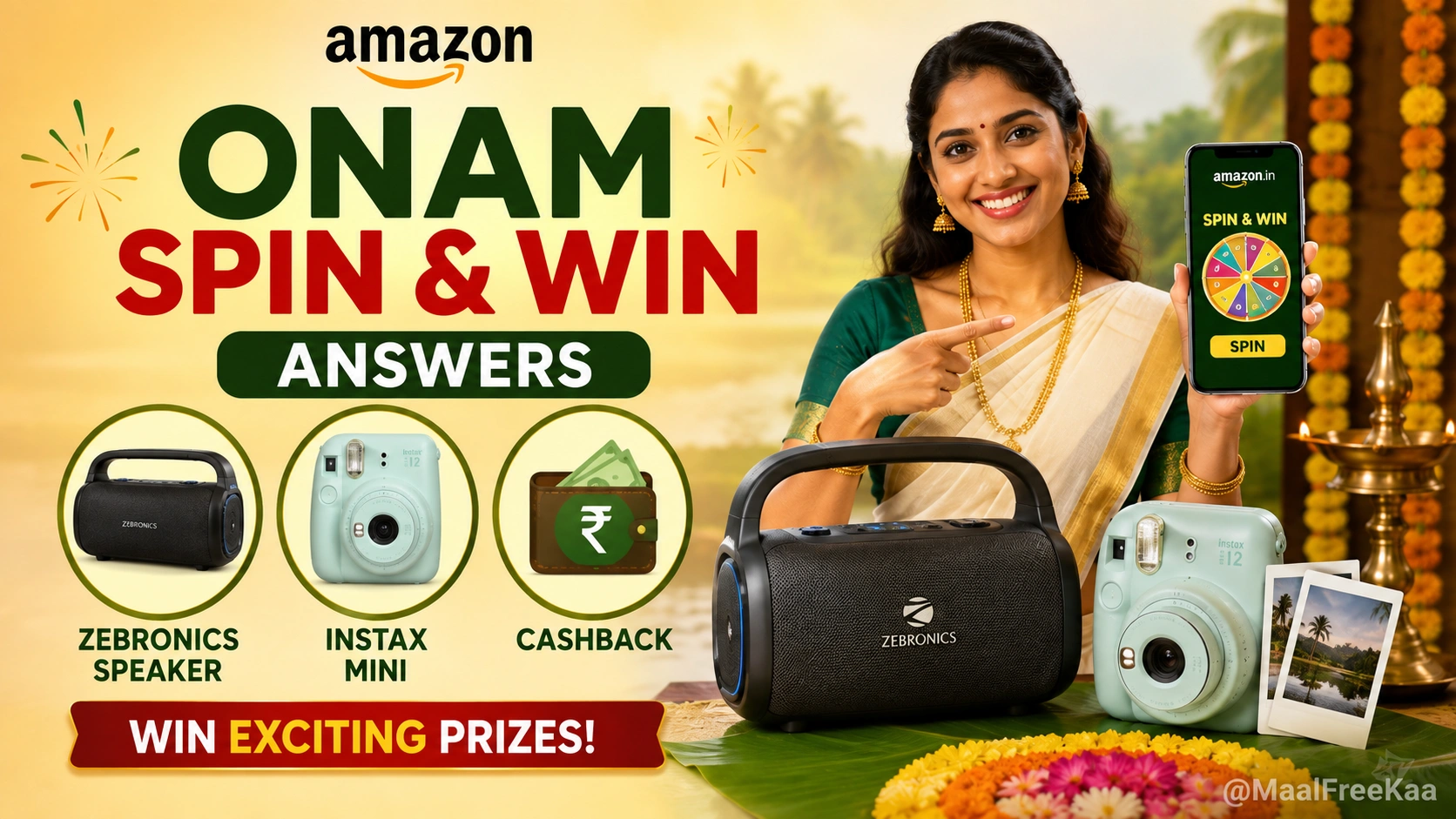 Amazon Onam Spin & Win wheel showing Zebronics speaker prize and verified answers by MaalFreeKaa