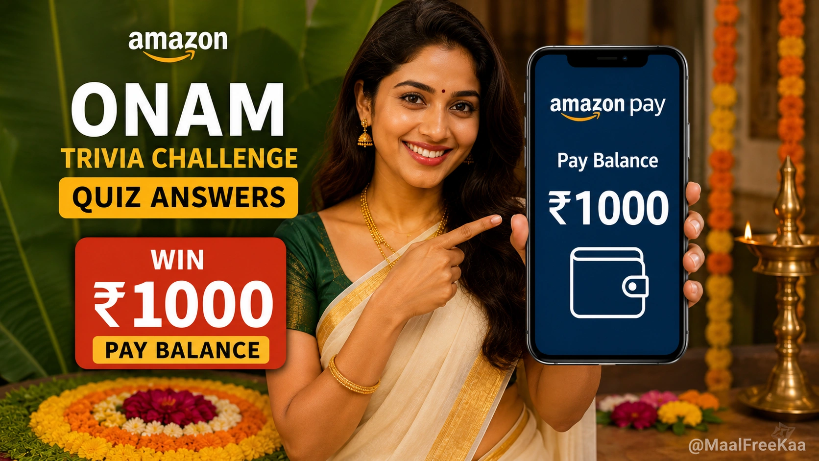 Amazon Onam Trivia Challenge Quiz questions and ₹1000 prize banner verified by MaalFreeKaa