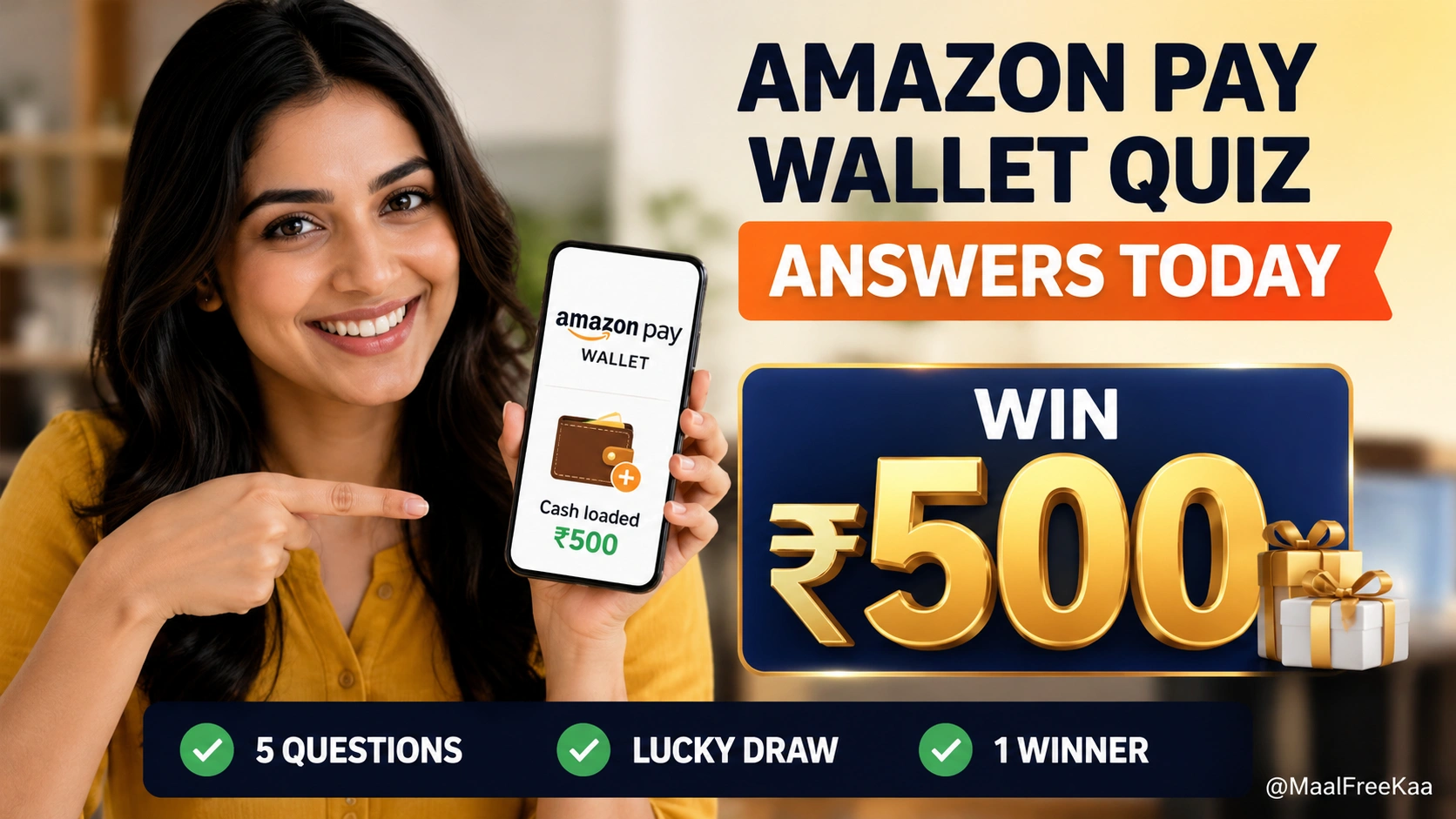 Amazon Pay Wallet Quiz answers banner showing ₹500 prize details and question answers