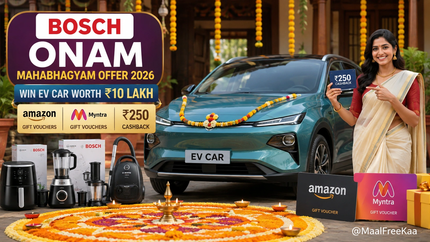 Bosch Onam Mahabhagyam Offer promotional banner displaying EV car prize and assured scratch card cashback