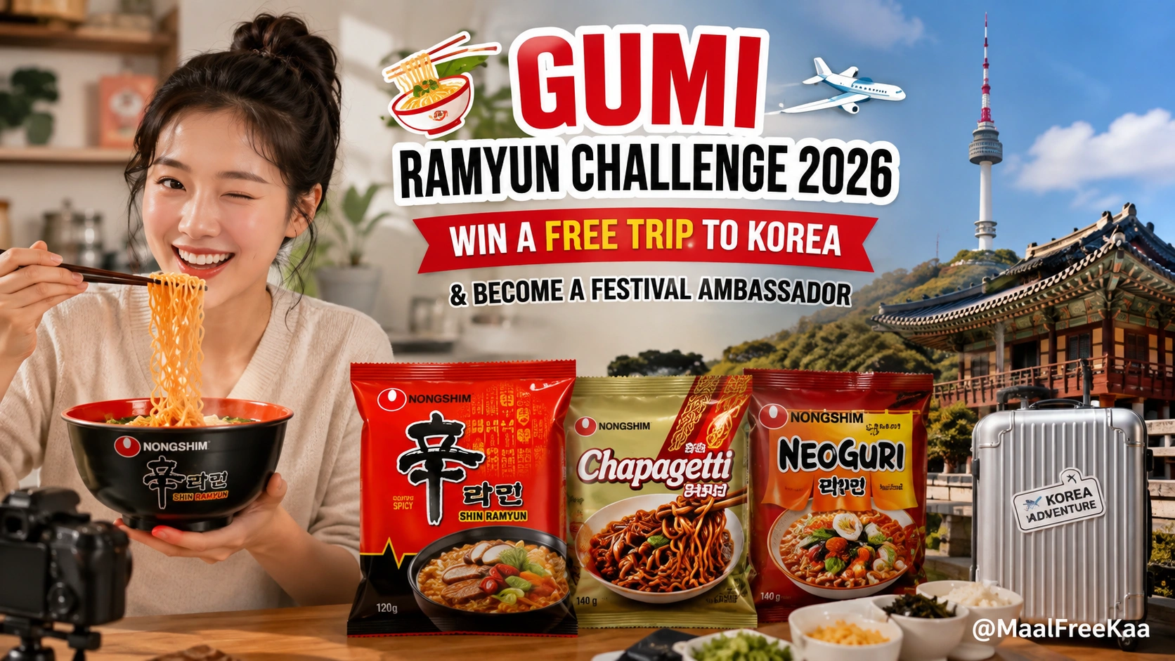 Gumi Ramyun Challenge 2026 official banner showing a trip to South Korea prize and Nongshim ramyun