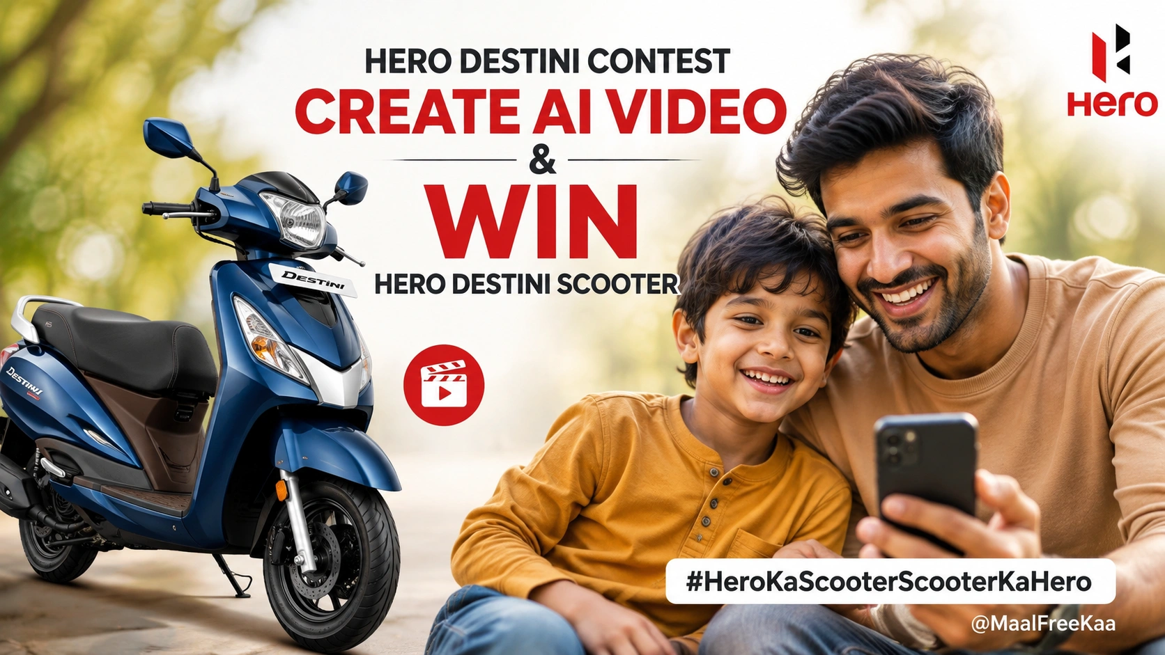 Hero Destini scooter contest banner showing personalized story campaign steps