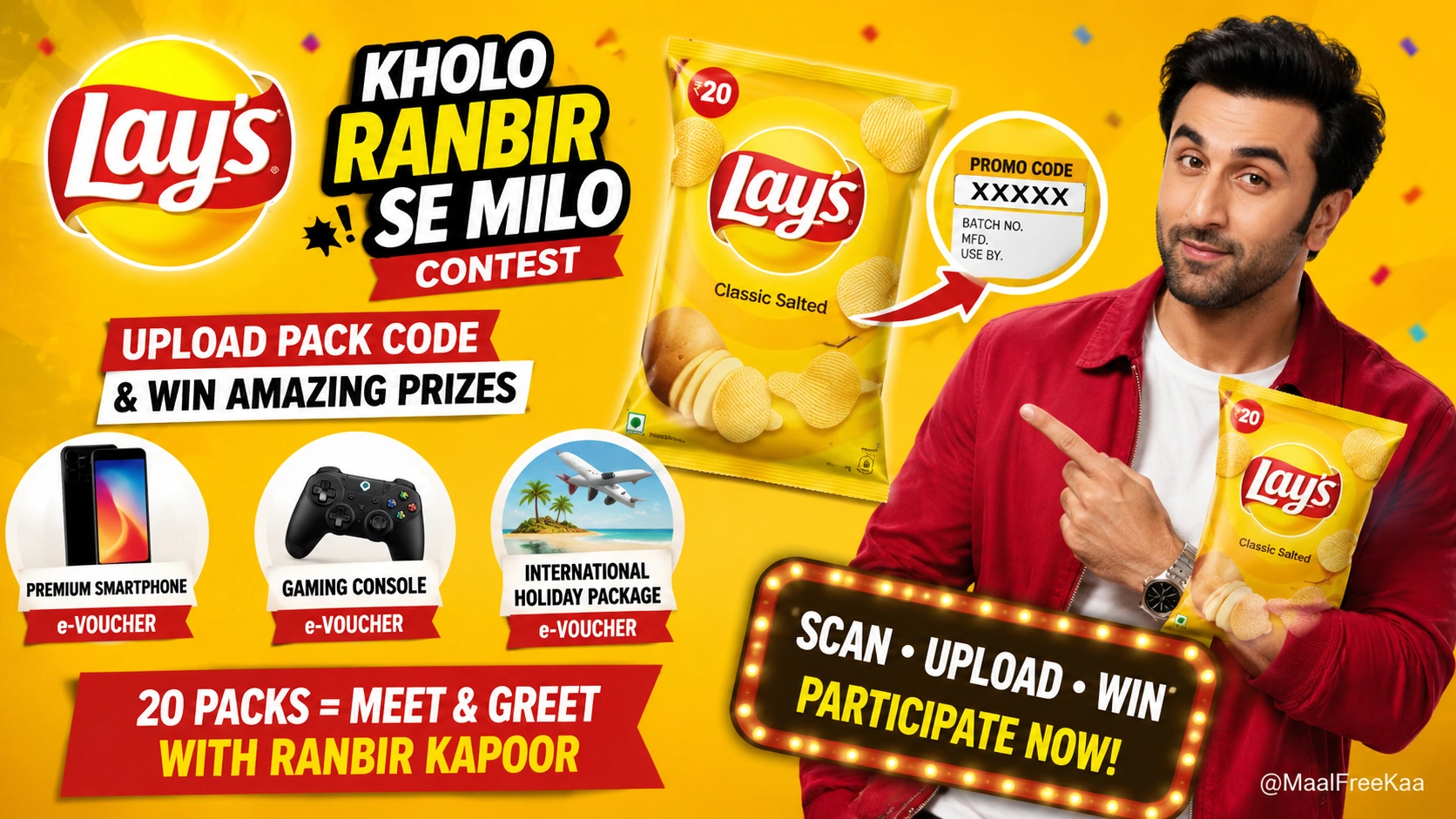 Lay's Kholo Ranbir Se Milo promotional banner showing MRP ₹20 packs and prizes.