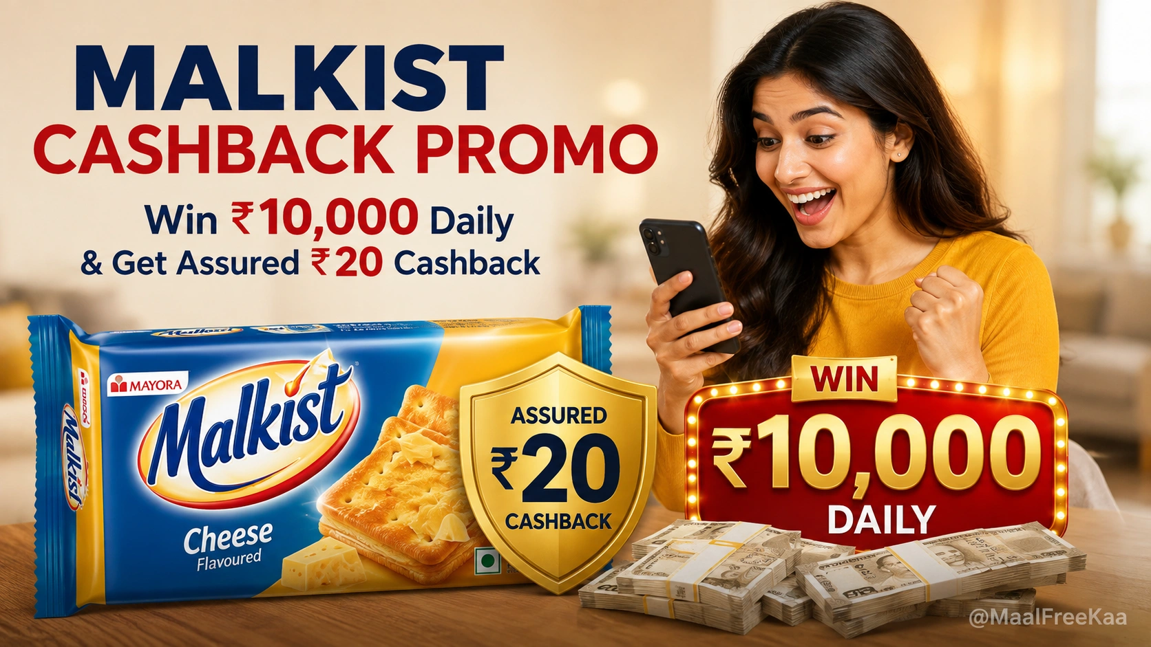 144g biscuit promo pack showing unique code cashback offer of 20 rupees and 10000 lucky draw