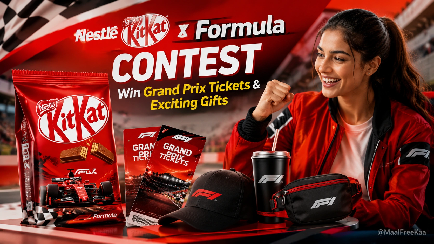 Nestlé KitKat x Formula Contest promotional pack with Grand Prix Tickets and Formula merchandise prizes.