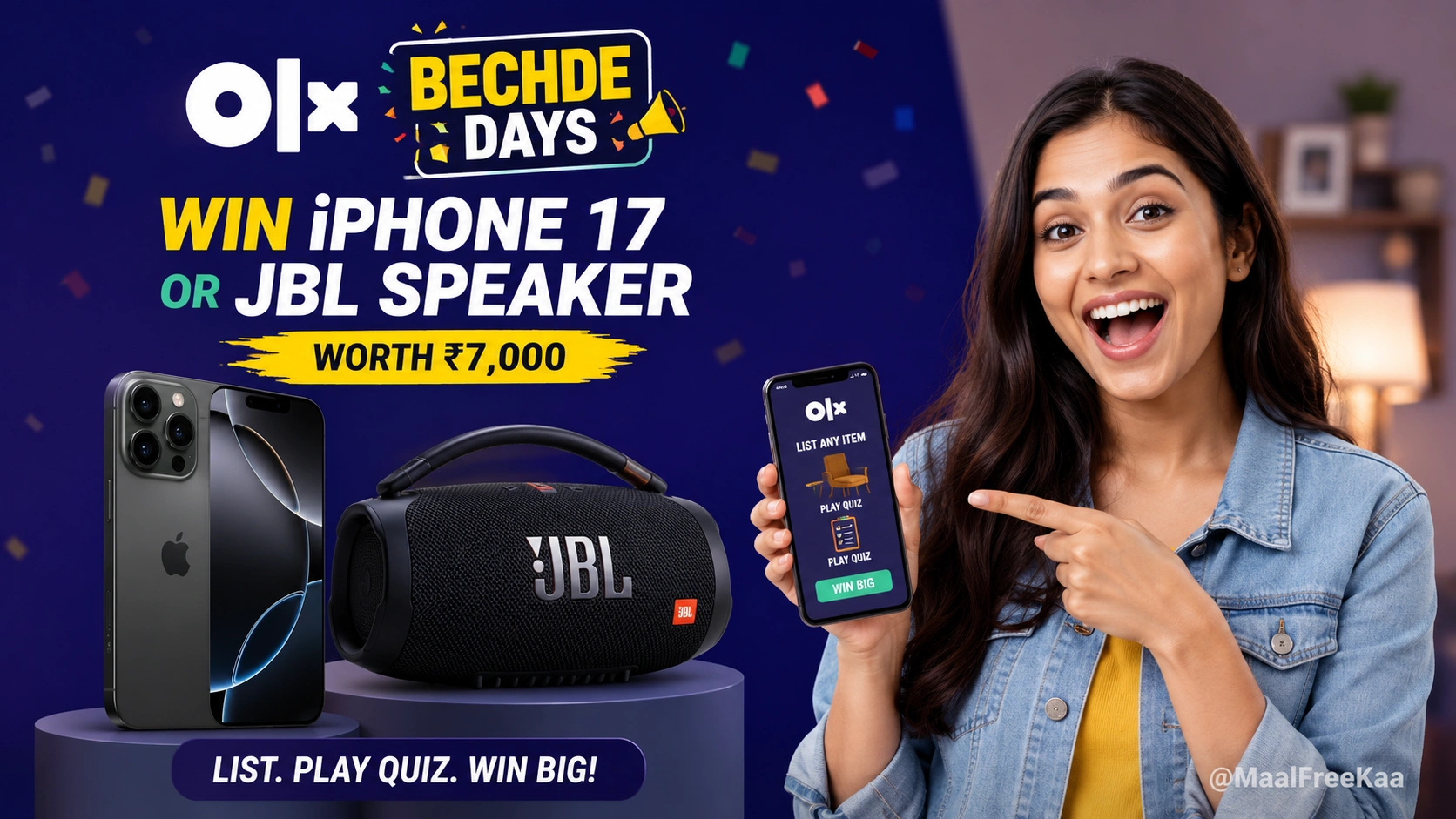 OLX BechDe Days Contest promotion banner featuring iPhone 17 and JBL Speaker prizes