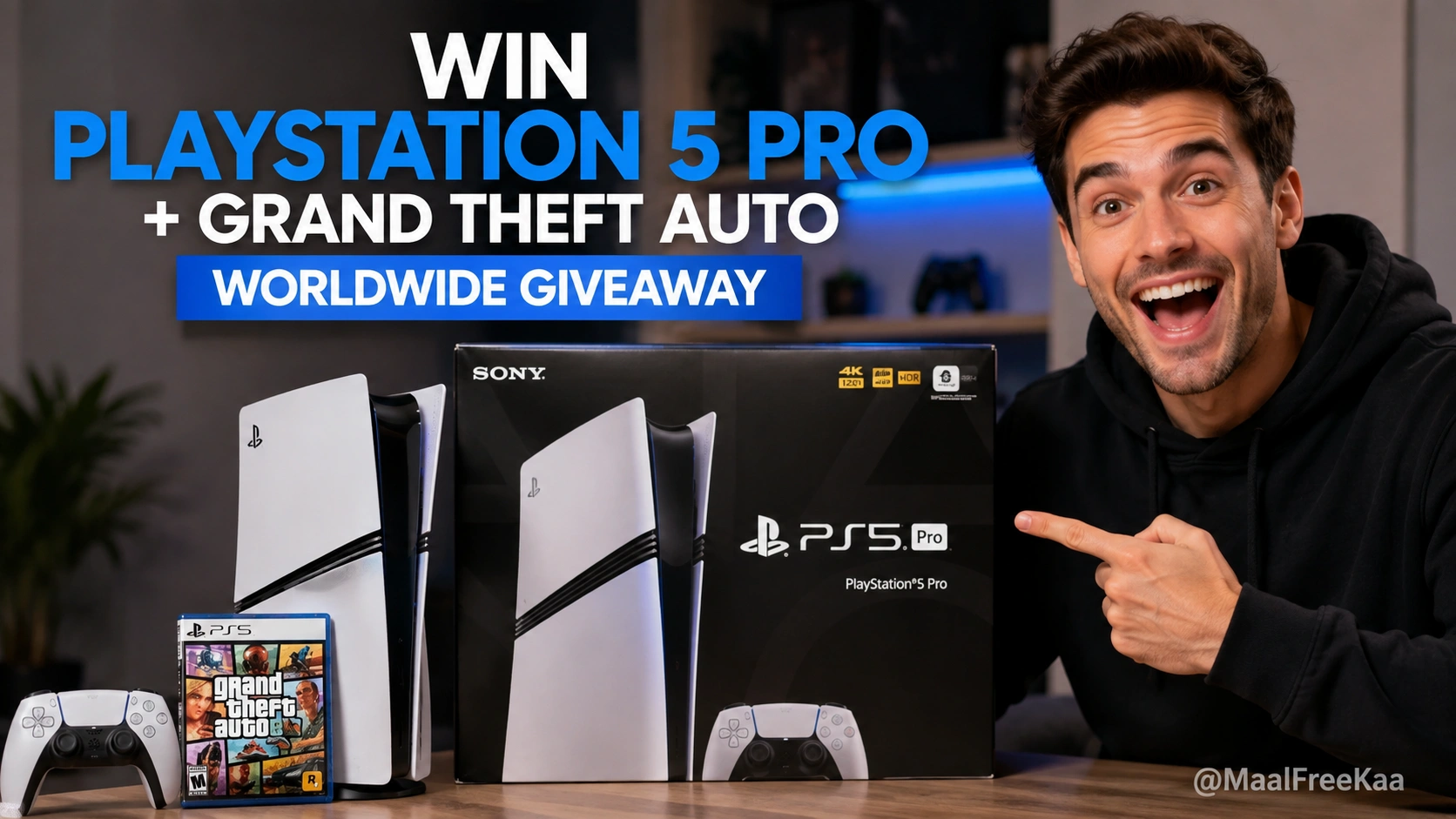 PlayStation 5 Pro console and Grand Theft Auto giveaway banner on MaalFreeKaa