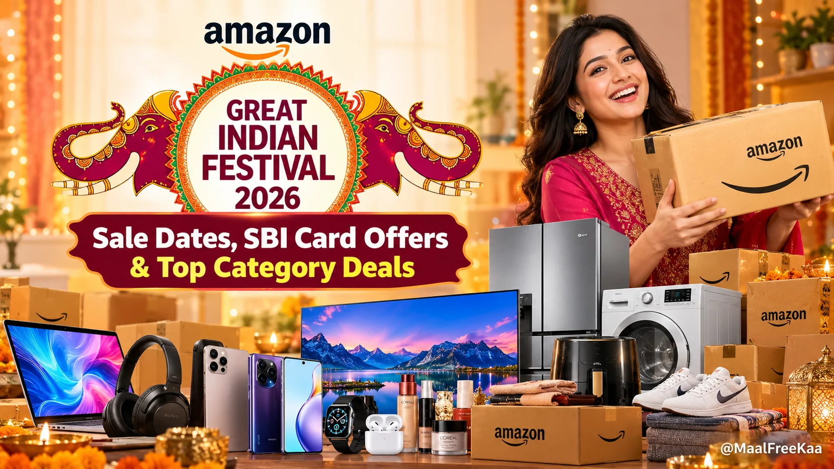 Amazon Great Indian Festival 2026 banner highlighting SBI 10% instant discount and Prime Early Access dates.