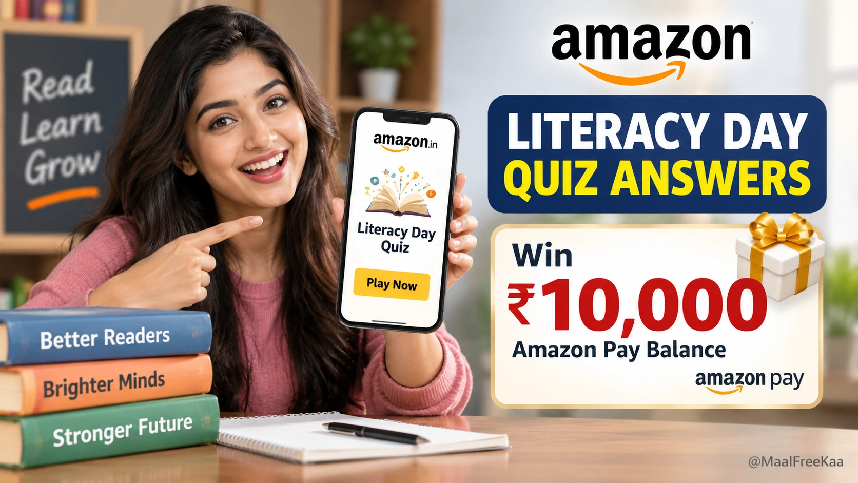 Amazon Literacy Day Quiz Answers banner showing ₹10000 prize proof on Amazon App