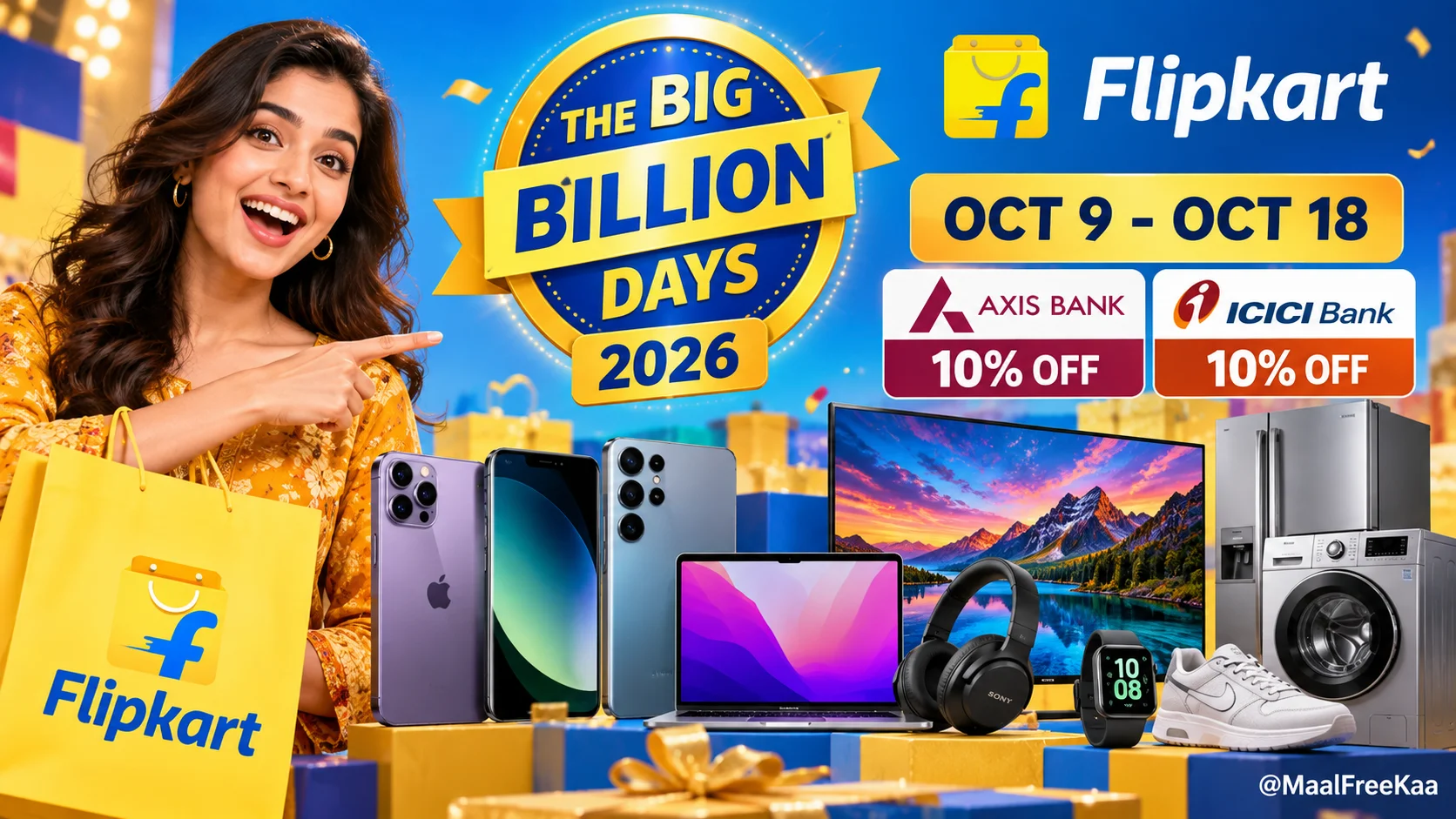Flipkart Big Billion Days 2026 banner highlighting Axis Bank and ICICI Bank instant card discounts.