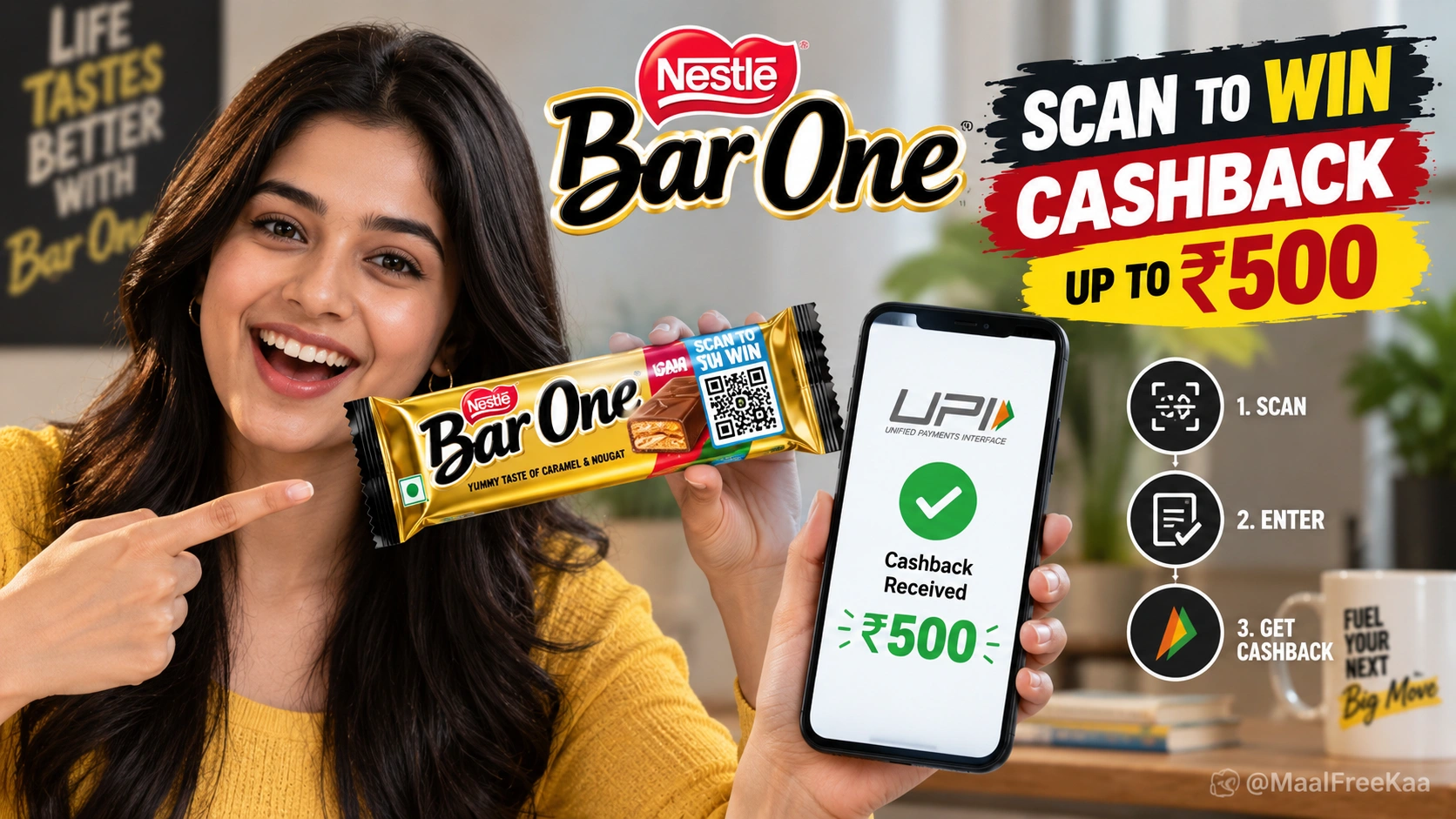 Nestle Bar One pack with QR code showing scan to win up to 500 cashback offer banner