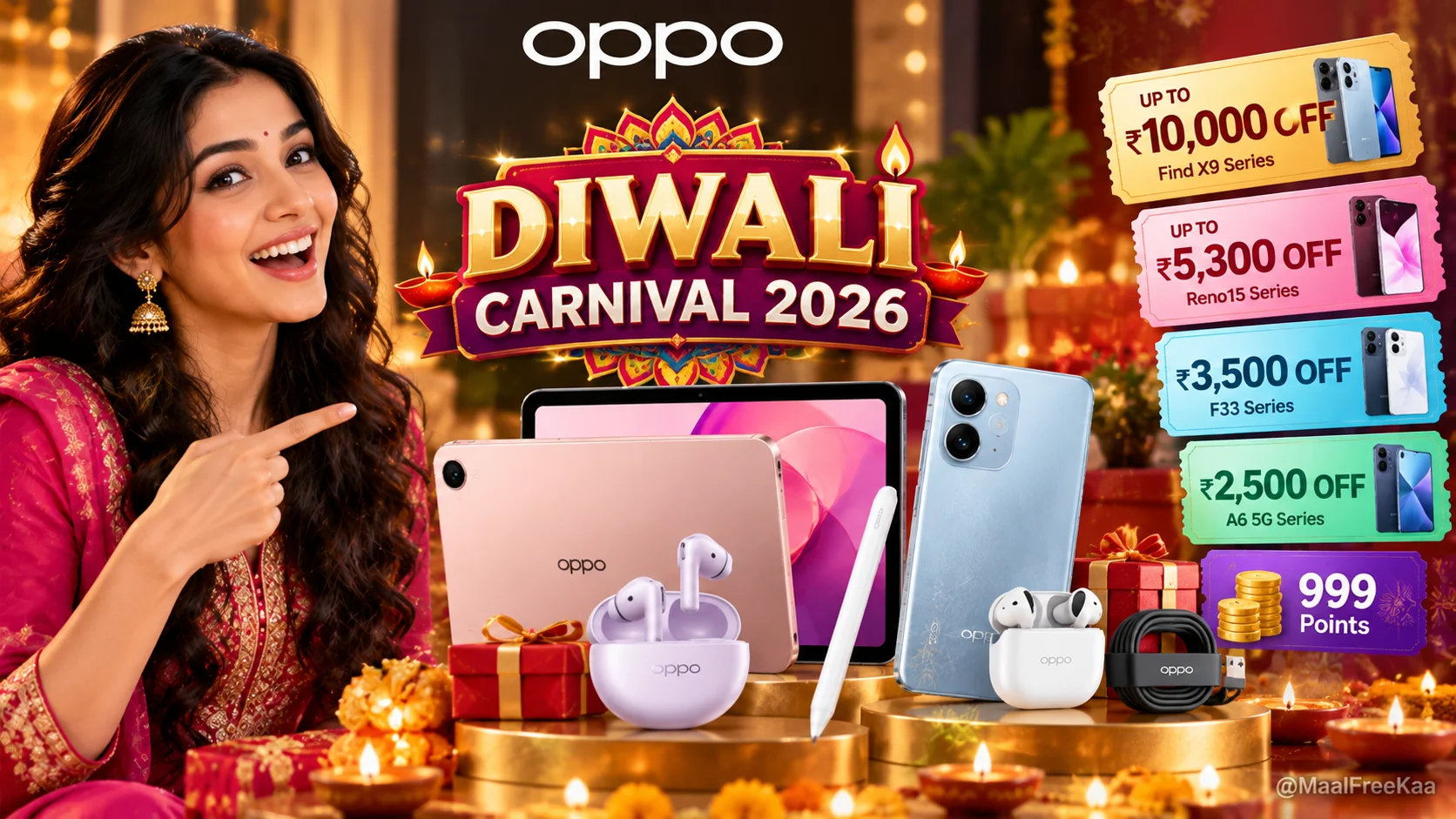 OPPO Diwali Carnival banner featuring grand gift package bundle and product coupons