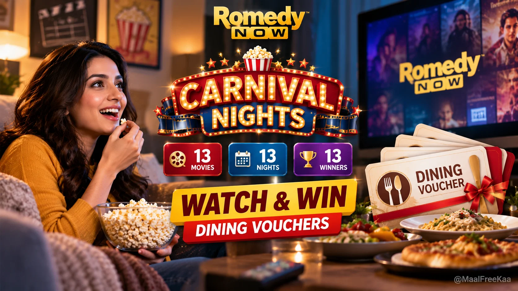 Romedy NOW Carnival Nights contest banner featuring 13 nights 13 movies dining vouchers giveaway