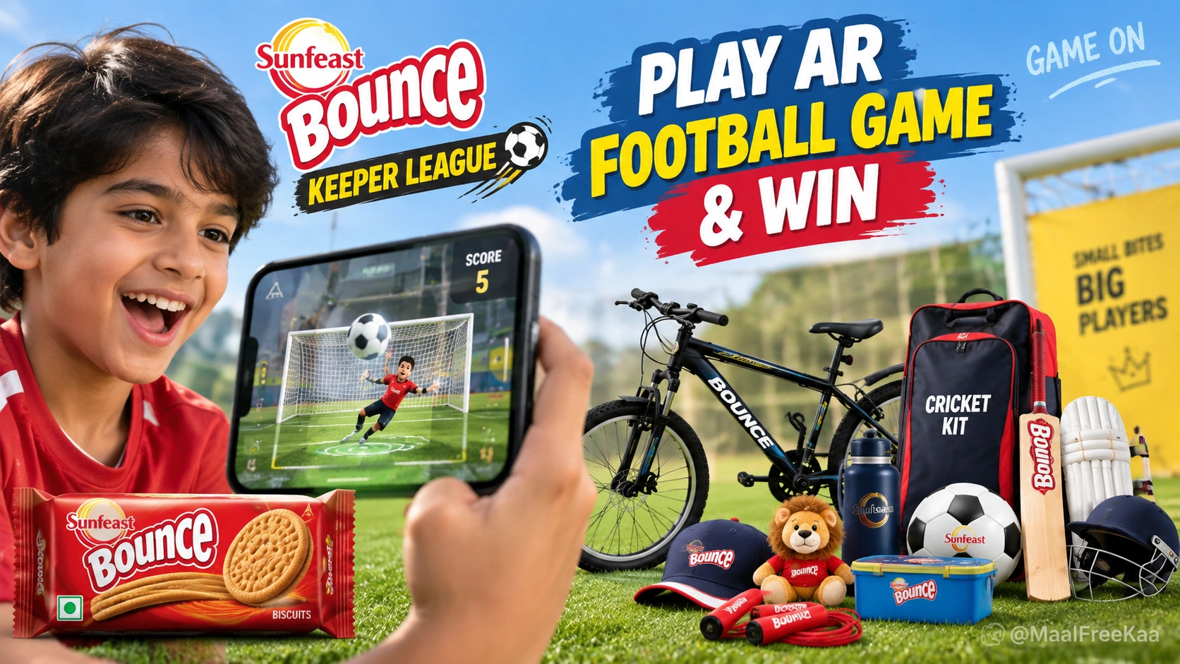 Sunfeast Bounce Keeper League AR contest banner showing cricket kit and cycle prizes