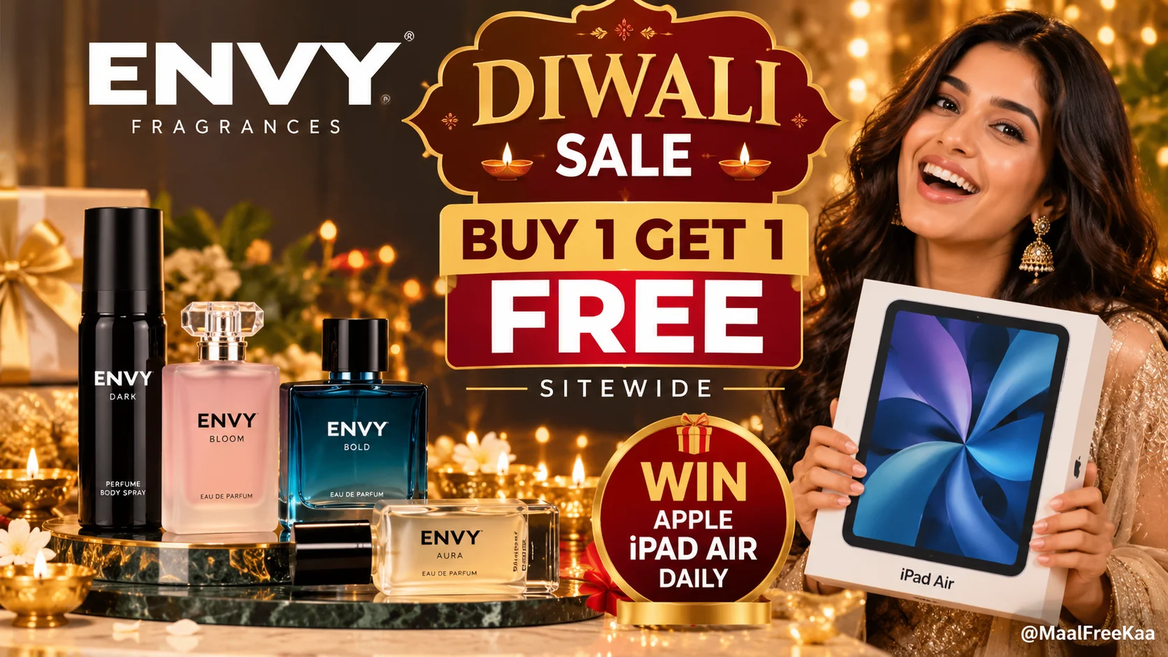 ENVY Diwali Sale featuring Buy 1 Get 1 Free fragrance offer and a chance to win an Apple iPad Air daily.